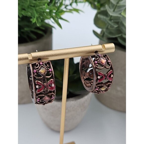 Vintage Copper Hoop Earrings Enamel Sparkle Post Back 1" Hoop 1/4" Wide - Picture 5 of 5